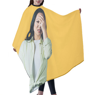 Personality  Scared Brunette Asian Girl Closing Face Isolated On Yellow Hair Cutting Cape