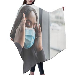 Personality  African American Plus Size Businesswoman In Medical Mask Having Headache In Office Hair Cutting Cape