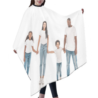 Personality  Happy African American Mother, Father, Daughter And Son Holding Hands And Smiling On White Background Hair Cutting Cape