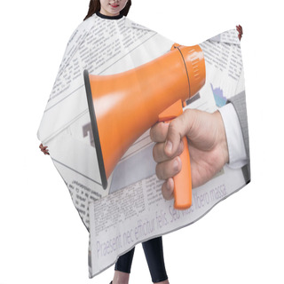 Personality  Top View Of Man Holding Megaphone Above Newspapers  Hair Cutting Cape