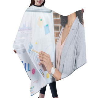 Personality  Cropped View Of African American Casual Businesswoman Near Flipchart With Pencil And Graph On Paper In Loft Office Hair Cutting Cape