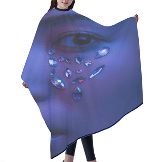 Personality  Close Up View Of Beautiful Asian Girl With Rhinestones On Face In Blue Light Hair Cutting Cape