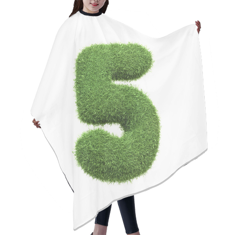 Personality  The Number 5 Shaped From Dense Green Grass, Set Against A Pure White Backdrop. Number Five. Front View. 3D Render Illustration Hair Cutting Cape