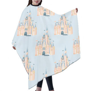 Personality  Seamless Pattern With Watercolor Pink Castle From Magic Kingdom, Attribute Of Amusement Park, Hand Drawn On A Blue Background Hair Cutting Cape