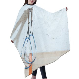 Personality  Two Squash Rackets On Wooden Floor In Four-walled Court Hair Cutting Cape