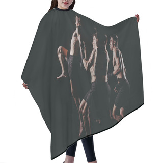 Personality  Multiple Exposure Of Strong Barefoot Muscular Mma Fighter Jumping High Hair Cutting Cape