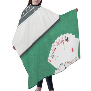 Personality  Playing Cards And Chips On Casino Table By Laptop Hair Cutting Cape