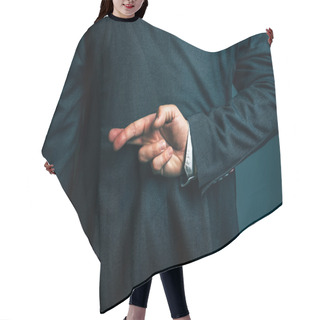 Personality  Lying Businessman Holding Fingers Crossed Behind His Back Hair Cutting Cape