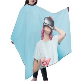 Personality  KYIV, UKRAINE - JULY 29, 2020: Young Woman With Pink Hair In Vr Headset With Joystick On Blue Background Hair Cutting Cape