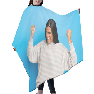 Personality  Young Colombian Girl With Sweater Celebrating A Victory Hair Cutting Cape