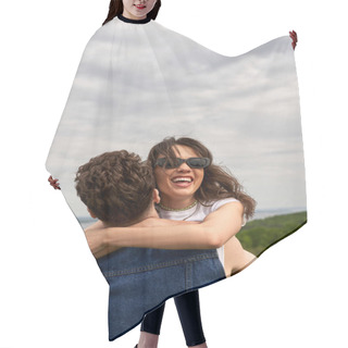 Personality  Cheerful Brunette Girlfriend In Sunglasses And Summer Outfit Embracing And Having Fun With Boyfriend In Denim Vest While Standing In Rural Setting, Love Story And Countryside Adventure Hair Cutting Cape