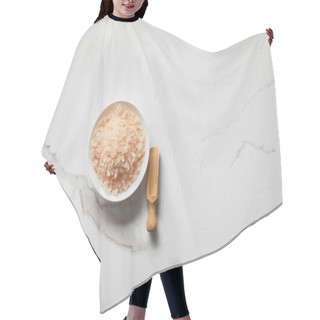Personality  Top View Of Sea Salt In Bowl Near Wooden Spatula On Marble Table Hair Cutting Cape