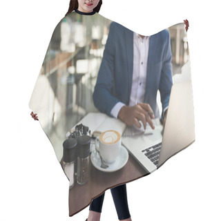 Personality  Young Businessman Working Online With A Laptop And Drinking A Cappuccino While Sitting Outside At A Cafe Table Hair Cutting Cape