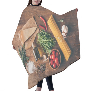 Personality  Top View Of Traditional Row Pasta And Fresh Ingredients On Wooden Tabletop Hair Cutting Cape
