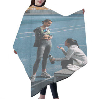 Personality  Young Sportswomen On Stadium  Hair Cutting Cape
