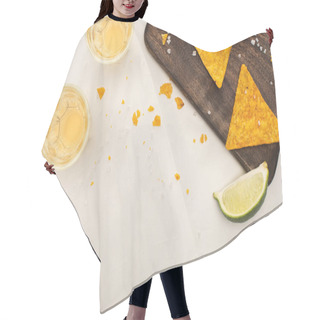 Personality  Top View Of Golden Tequila In Shot Glasses With Lime, Salt And Nachos On Wooden Cutting Board On White Marble Surface Hair Cutting Cape