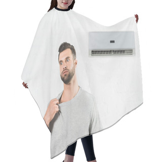 Personality  Handsome Man Suffering From Heat Under Air Conditioner At Home Hair Cutting Cape