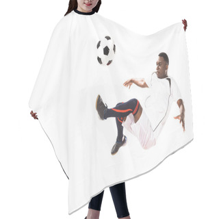 Personality  Athletic Young African American Soccer Player Kicking Ball In Jump Isolated On White  Hair Cutting Cape