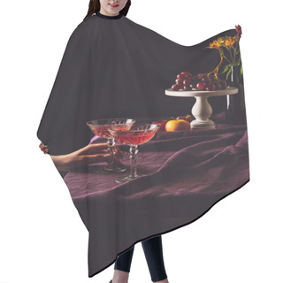 Personality  Cropped Shot Of Woman Taking Glass Of Wine From Table On Black Hair Cutting Cape