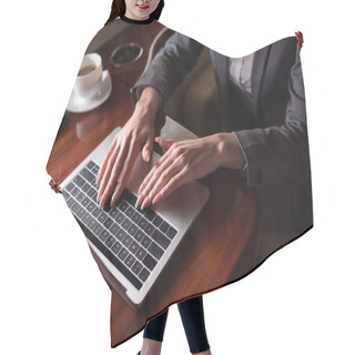 Personality  Cropped View Of Businesswoman Working On Laptop In Plane During Business Trip  Hair Cutting Cape