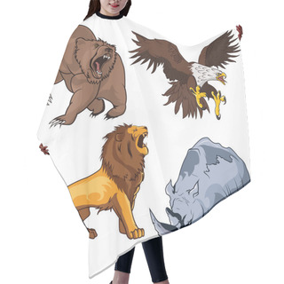 Personality  Safari Terrifying Feline Lion With Tail And Roaring Grizzly Horribilis Bear Raising Claw, Zoo Ferocious And Dangerous Rhino And Belligerent Eagle, Hawk Or Falcon Flying On The Prey In Cartoon Style. Hair Cutting Cape