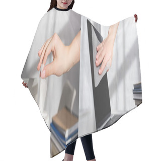 Personality  Collage Of Woman Taking Cleansing Napkin And Swiping Screen Of Laptop, Banner  Hair Cutting Cape