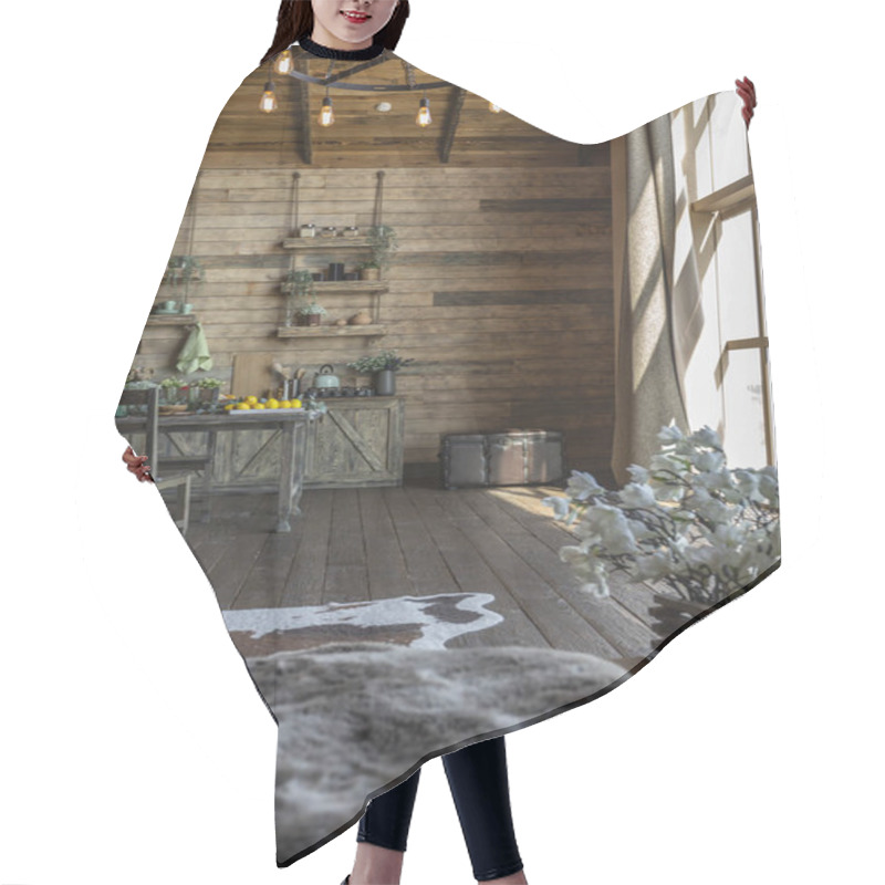 Personality  Dark Cozy Interior Of Big Country Wooden House, Wooden Furniture And Animal Furs. Huge Panoramic Window And Very High Ceiling. Hair Cutting Cape