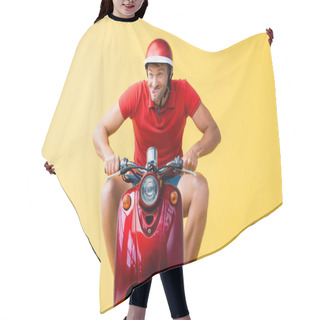 Personality  Funny Man In Helmet Riding Red Scooter And Sticking Out Tongue On Yellow Hair Cutting Cape