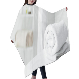 Personality  Panoramic Shot Of White Towel On Massage Mat In Spa  Hair Cutting Cape