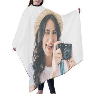 Personality  Winking Woman With Photo Camera In Hands Hair Cutting Cape