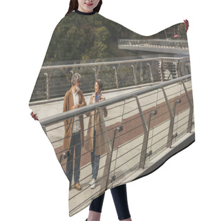 Personality  Full Length Of Happy Senior Woman And Bearded Smiling Man Standing Near Bridge Guard Rail  Hair Cutting Cape