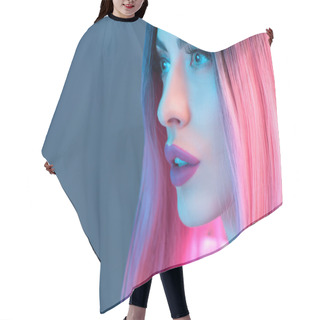 Personality  Portrait Of Beautiful Woman In Pink Wig, Isolated On Blue Hair Cutting Cape