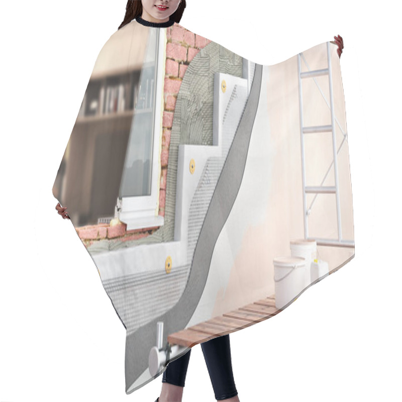 Personality  Exterior Brickwall Thermal Insulation With Scaffolding And Interior View Through Window, 3d Illustration Hair Cutting Cape