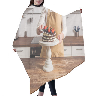 Personality  Cropped Shot Of Woman In Apron Preparing Delicious Cake With Fruits   Hair Cutting Cape