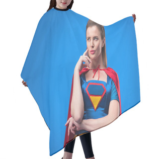 Personality  Portrait Of Pensive Woman In Superhero Costume Looking Away Isolated On Blue Hair Cutting Cape