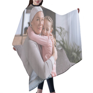 Personality  Sick Mature Woman In Kerchief Hugging Cute Little Granddaughter, Cancer Concept Hair Cutting Cape