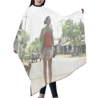 Personality  Woman Walking On Rural Road Hair Cutting Cape