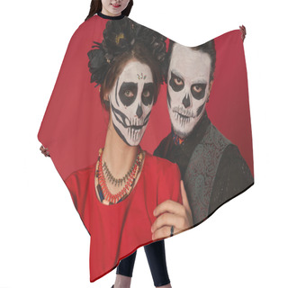 Personality  Stylish Couple In Scary Sugar Skull Makeup Looking At Camera On Red, Dia De Los Muertos Festival Hair Cutting Cape