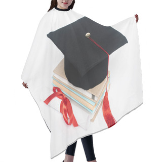 Personality  Black Graduation Cap With Red Tassel On Top Of Books And Diploma With Bow Isolated On White Hair Cutting Cape