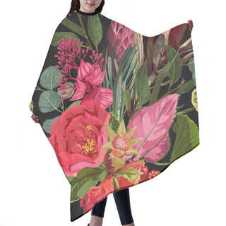 Personality  Seamless Floral Pattern With Pink Red Glossy Protea And Tropical Flowers, Leaves On A Black Background.  Hair Cutting Cape