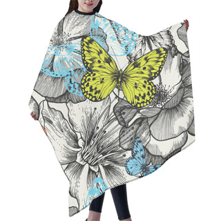 Personality  Seamless Pattern With Blooming Roses And Flying Butterflies Hair Cutting Cape