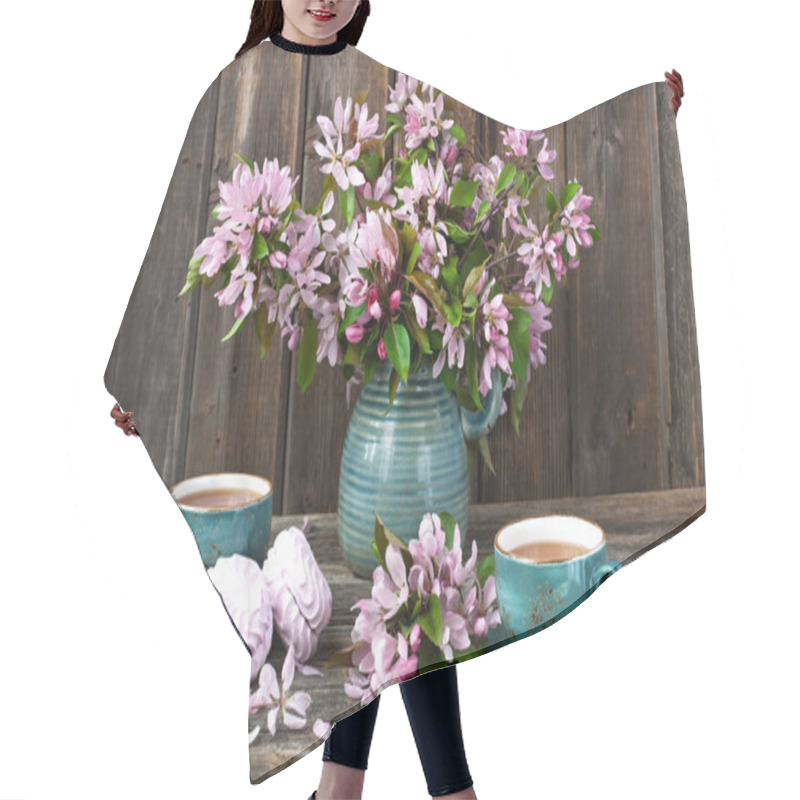Personality  Romantic Composition With Tea Cup, Zephyr And Apple Flowers   Hair Cutting Cape