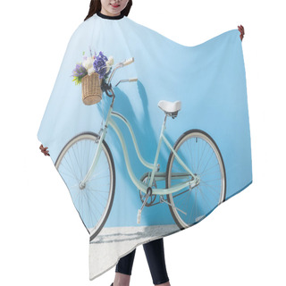 Personality  Side View Of Bicycle With Flowers In Basket In Front Of Blue Wall Hair Cutting Cape