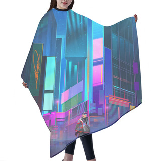 Personality  Drawn Cityscape From Skyscrapers. Cyberpunk Street With Man Hair Cutting Cape