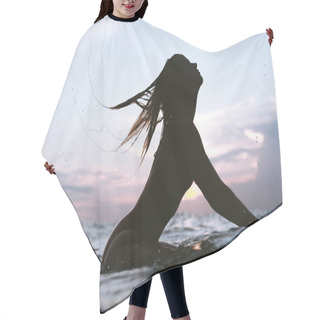 Personality  Silhouette Of Woman Whipping Hair While Resting On Surfing Board In Ocean On Sunset Hair Cutting Cape