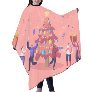 Personality  New Year Bash. Happy People Celebrating Party Having Fun And Dancing At Decorated Christmas Tree With Garland And Confetti, Giving Gifts On Family Or Corporate Event Cartoon Flat Vector Illustration Hair Cutting Cape