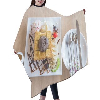 Personality  Honey Toast Whipping Cream With Chocolate Ice Cream And Spoon Fork Knife On Wood Background Hair Cutting Cape