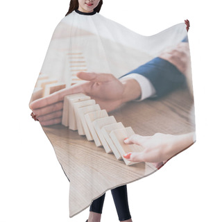 Personality  Cropped View Of Woman Pushing Wooden Block And Risk Manager Blocking Domino Effect Hair Cutting Cape