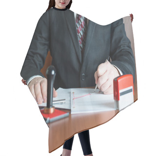 Personality  Notary Public In His Office Signed A Contract Hair Cutting Cape