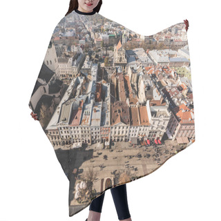 Personality  Aerial View Of Historical Center Of City With People Walking On Market Square, Lviv, Ukraine Hair Cutting Cape